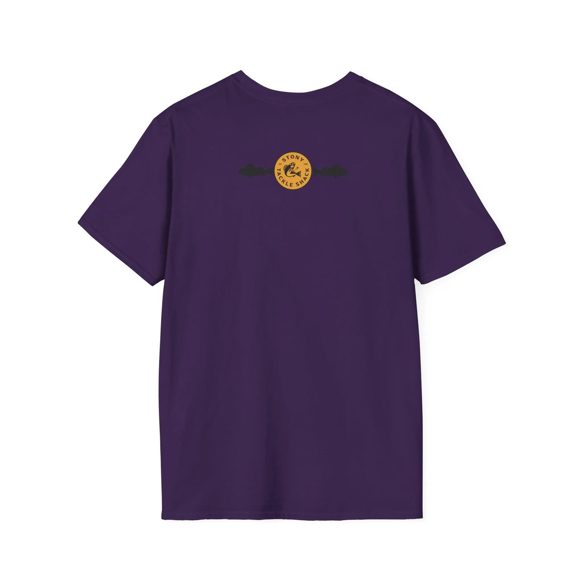Purple t-shirt with a yellow logo on the back against a white background