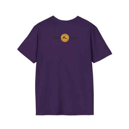 Purple t-shirt with a yellow logo on the back against a white background