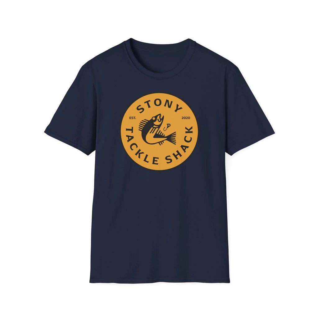Navy blue t-shirt with yellow logo on a white background