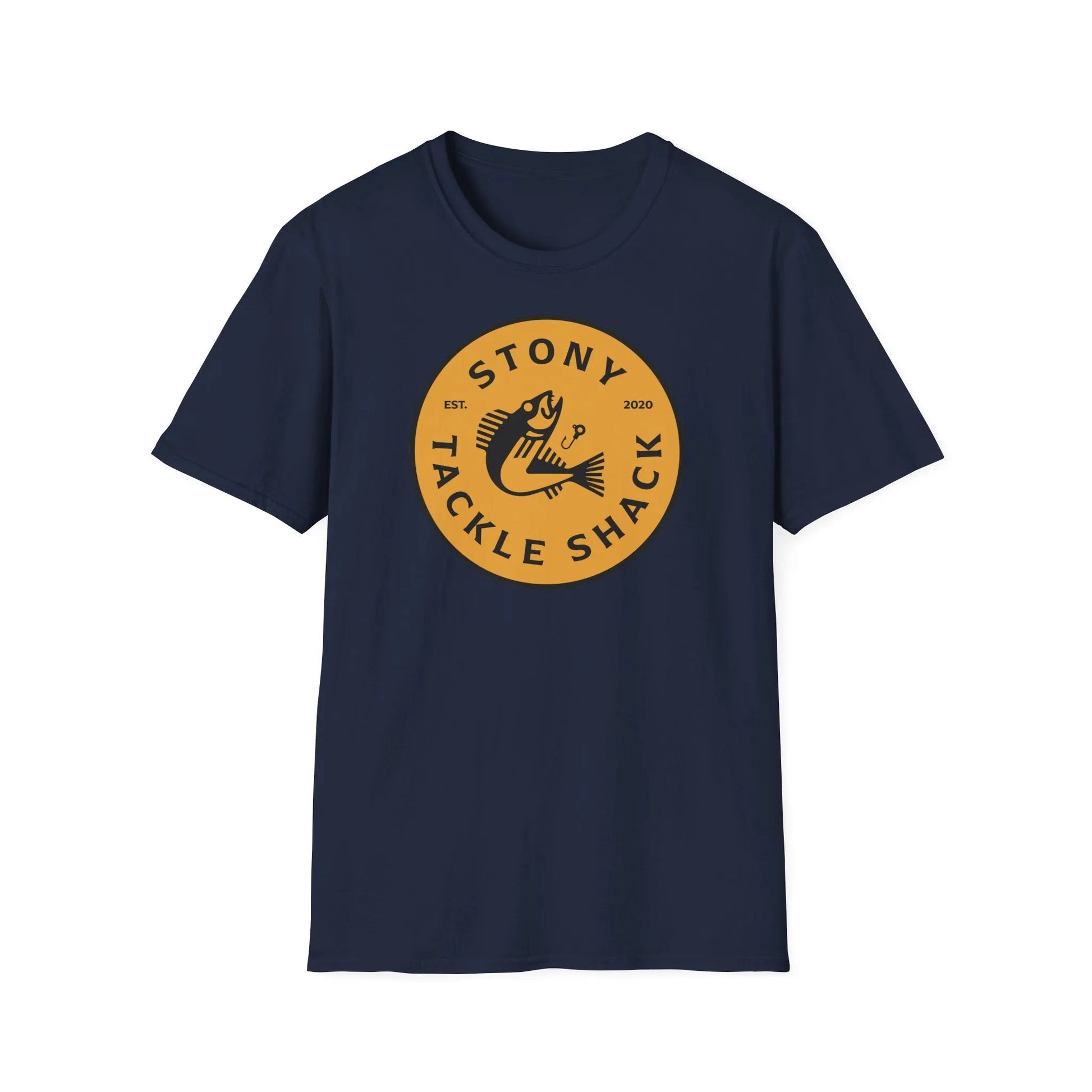 Navy blue t-shirt with yellow logo on a white background