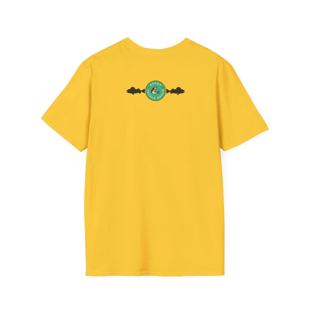Yellow t-shirt with a green logo on the back against a white background