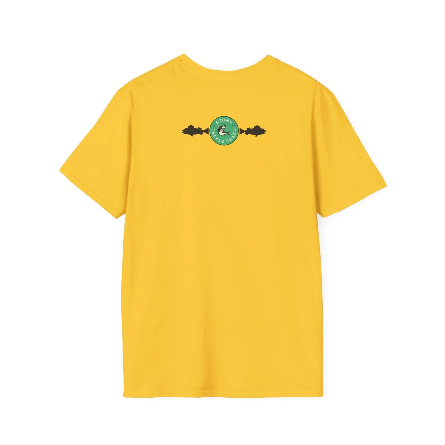 Yellow t-shirt with a green logo on the back against a white background