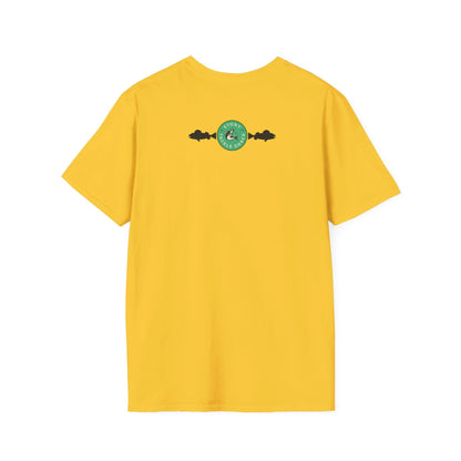 Yellow t-shirt with a green logo on the back against a white background