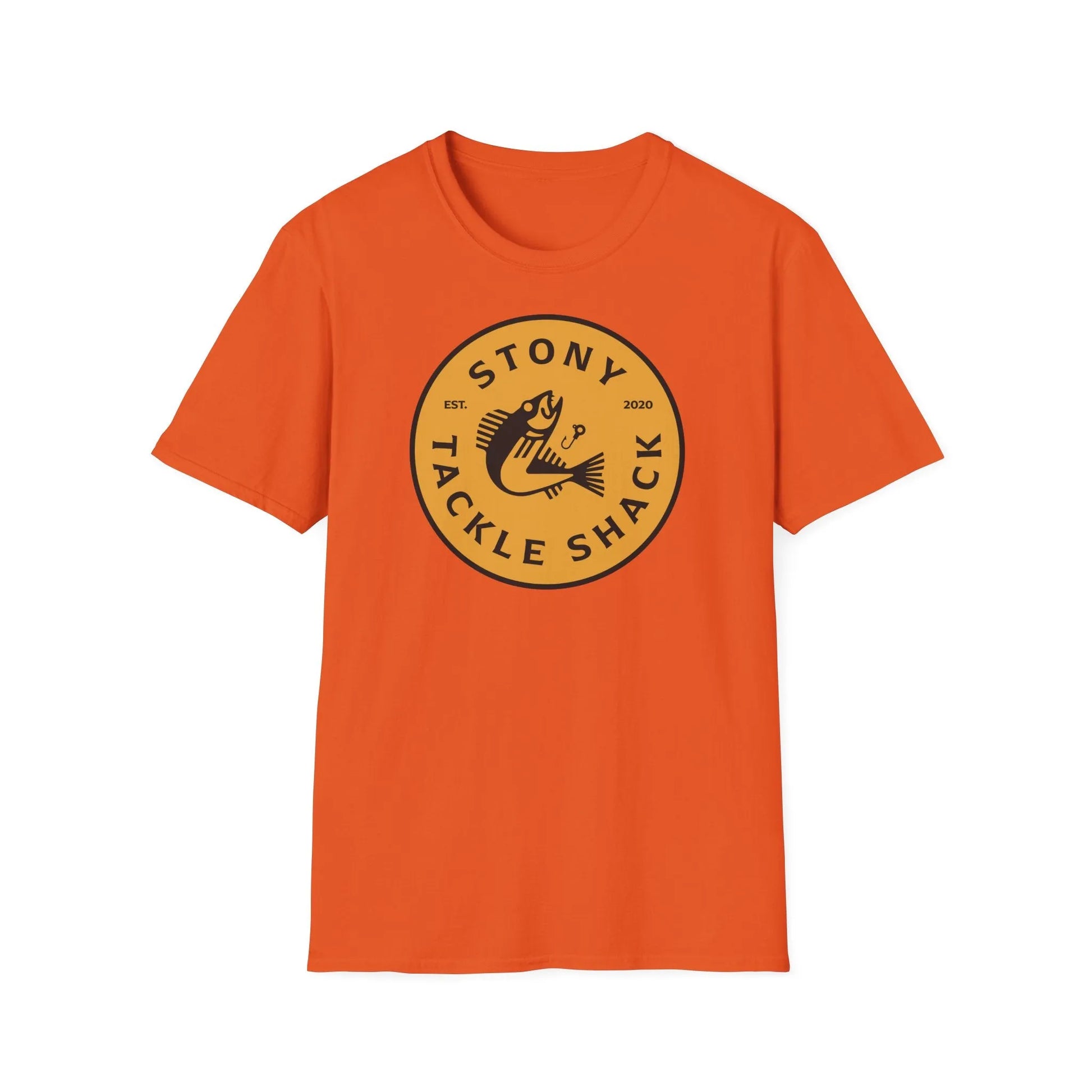 Orange t-shirt with yellow 'Stony Tackle Shack' logo on a white background