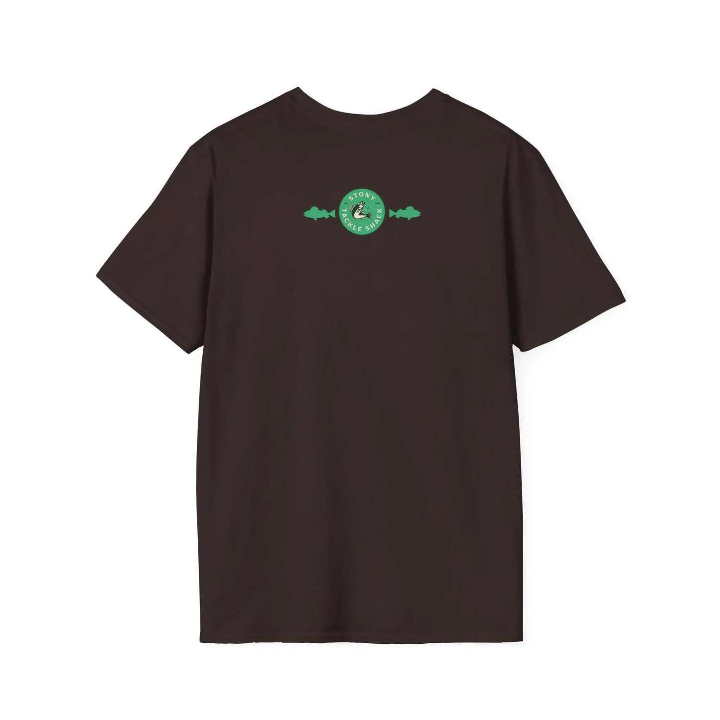 Brown t-shirt with a green logo on the back against a white background