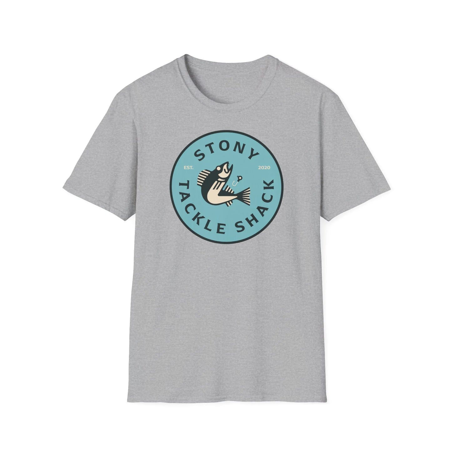 Gray t-shirt with 'Stony Tackle Shack' logo on a white background