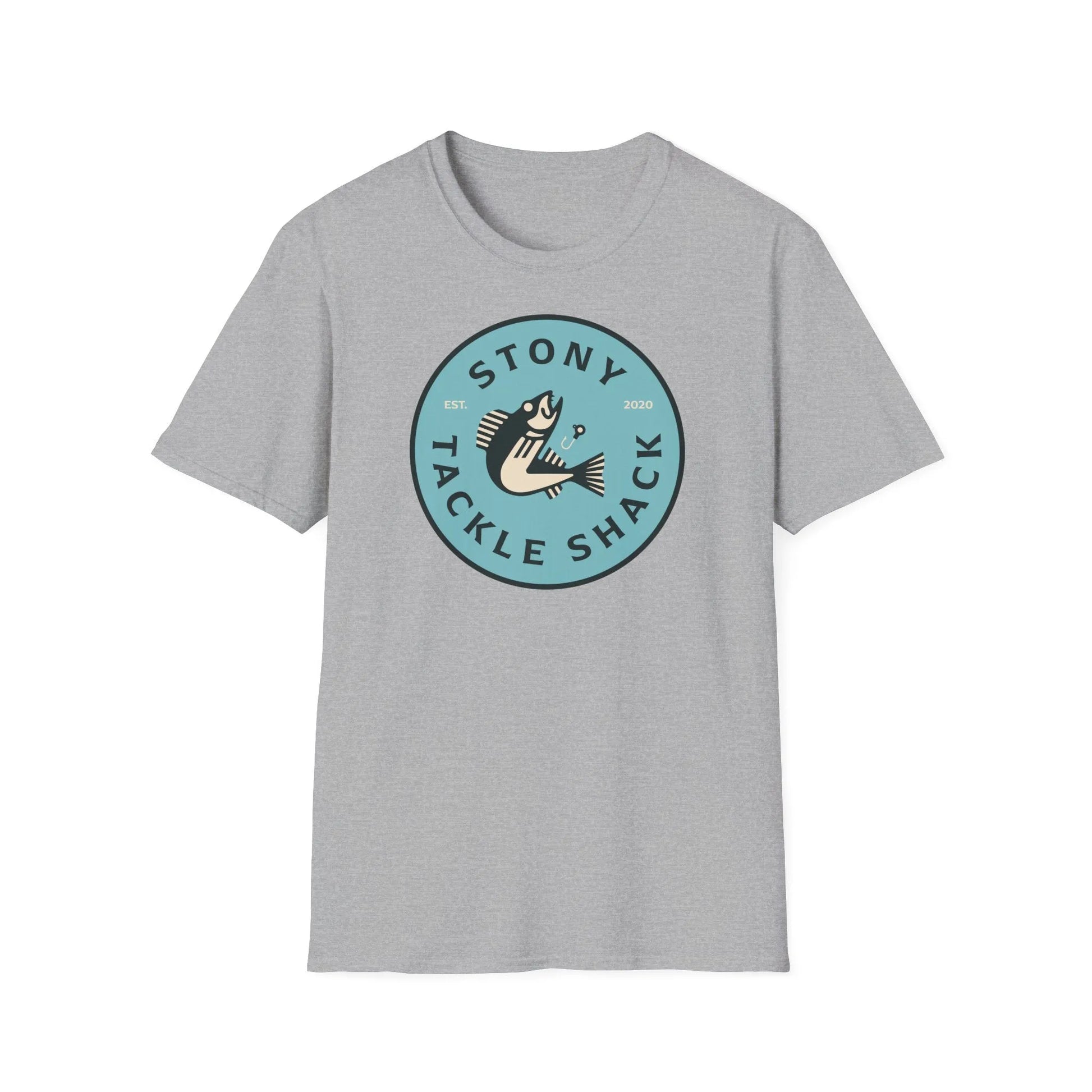 Gray t-shirt with 'Stony Tackle Shack' logo on a white background