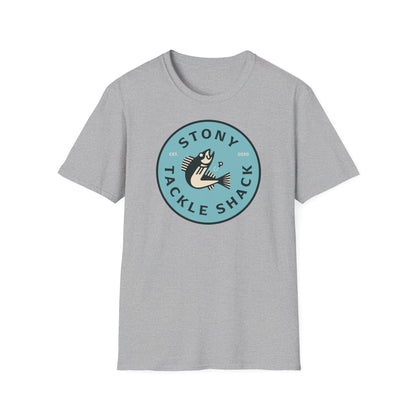 Gray t-shirt with 'Stony Tackle Shack' logo on a white background