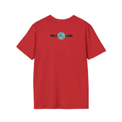 Red t-shirt with a logo on the back against a white background