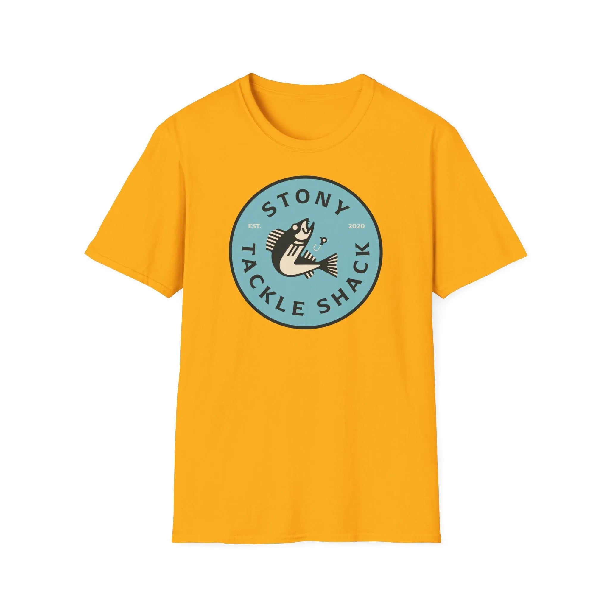 Yellow t-shirt with 'Stony Tackle Shack' logo on a white background