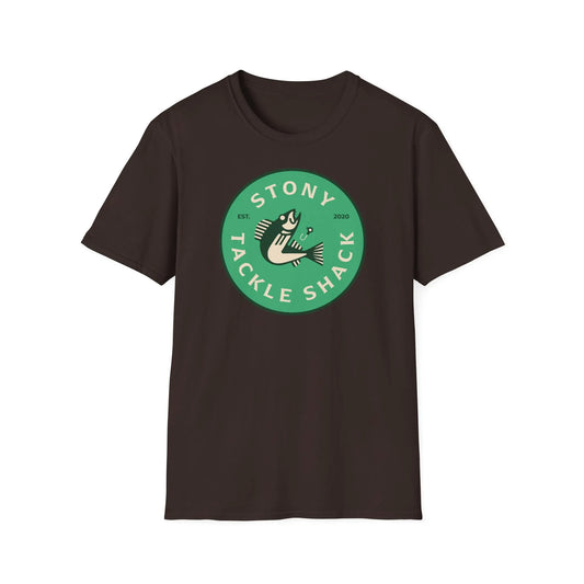 Brown t-shirt with a green logo on a white background