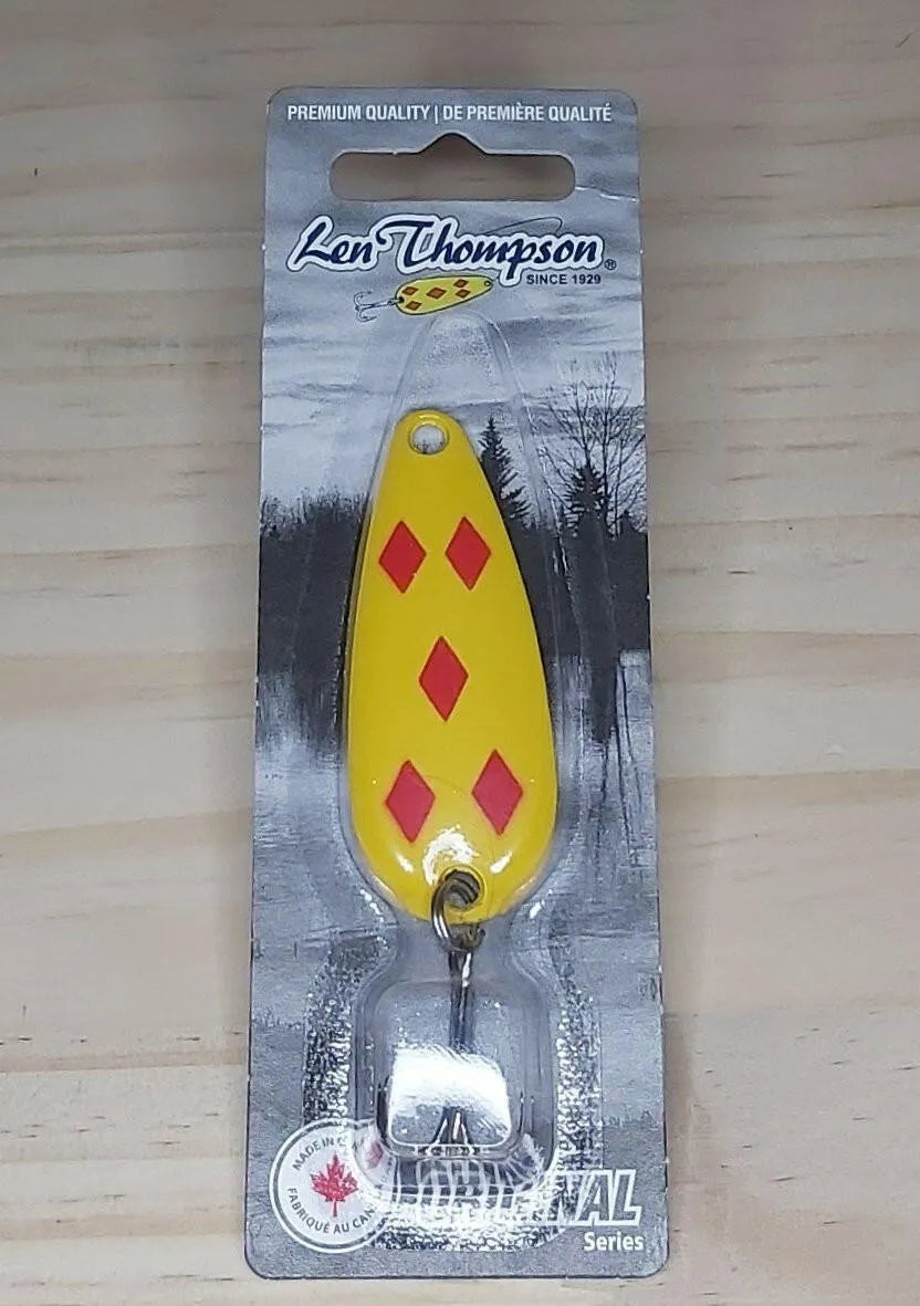 Len Thompson Yellow & Red Five of Diamond Spoons in sizes - #6, #7, #8, #00, #0, #1, #2
