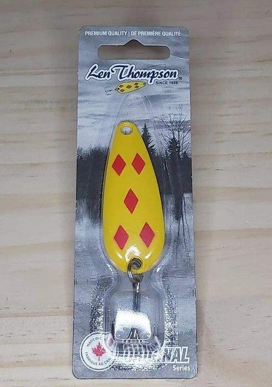 Len Thompson Yellow & Red Five of Diamond Spoons in sizes - #6, #7, #8, #00, #0, #1, #2