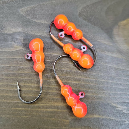 Big Sky Gruesome Grubs Glow Jigs 1/8oz 4/pack Glow Orange/Red Splash