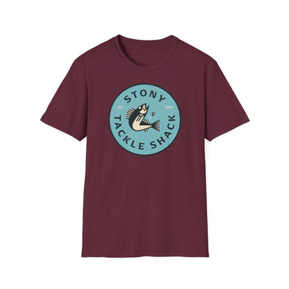Maroon t-shirt with 'Stony Tackle Shack' logo on a white background