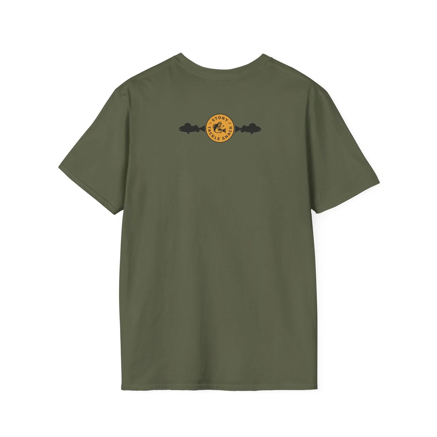 Green t-shirt with a yellow logo on the back against a white background