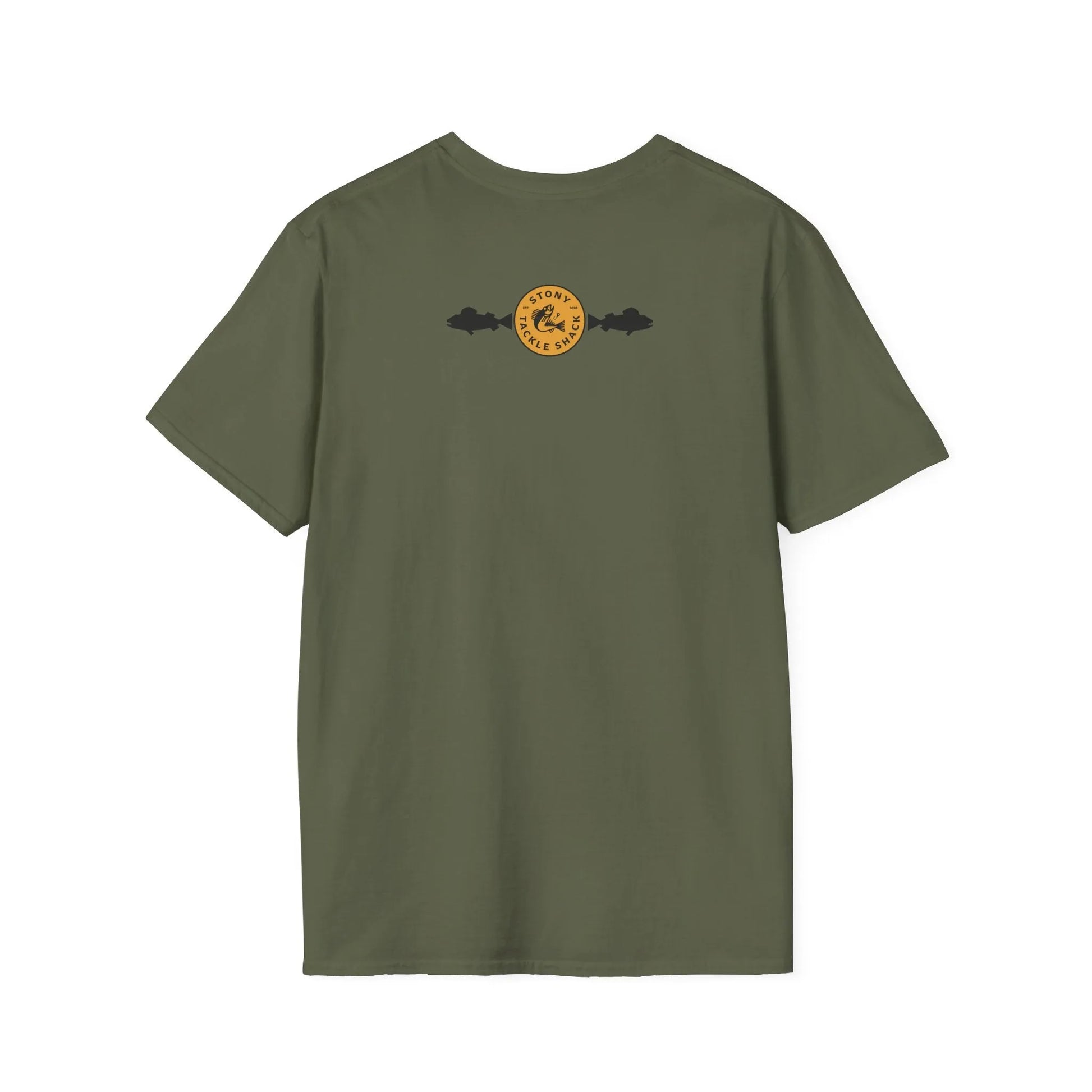 Green t-shirt with a yellow logo on the back against a white background