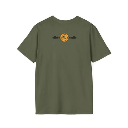 Green t-shirt with a yellow logo on the back against a white background