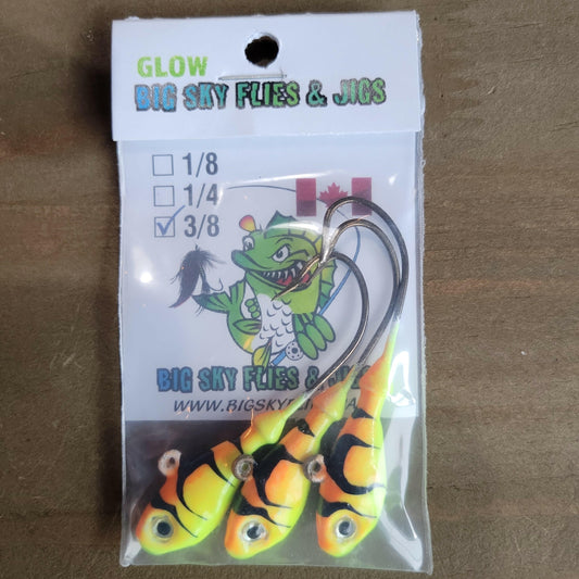 Big Sky Deluxe Minnows Jigs 3/8oz 3/pk Orange Top Lemon Bottom Black Lines