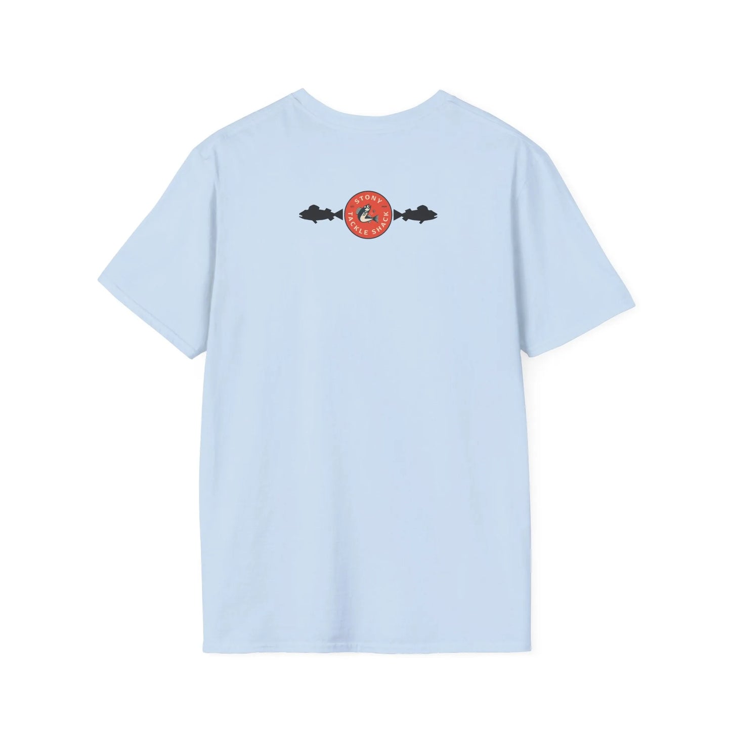 Light blue t-shirt with a small red logo on the back against a white background