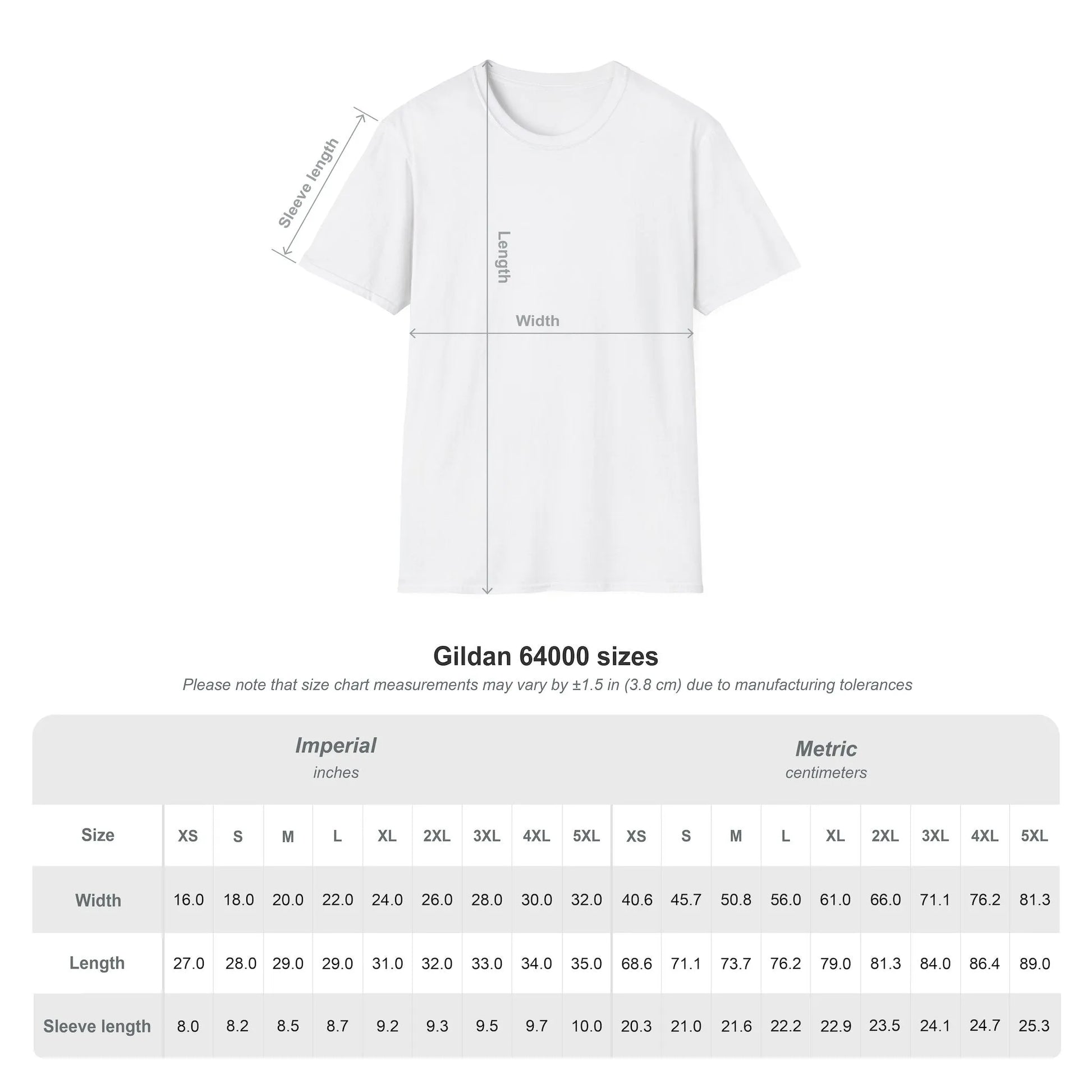 White t-shirt with size chart measurements on a white background