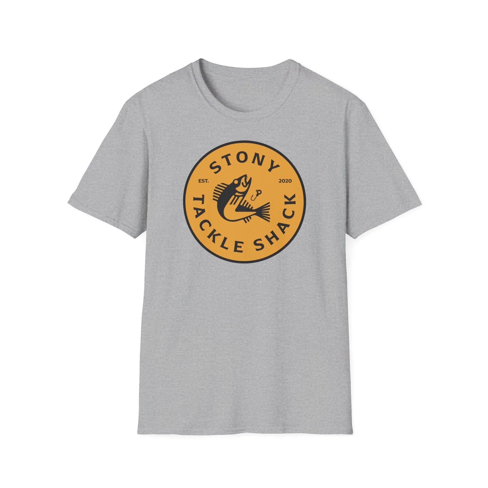 Gray t-shirt with a yellow and black logo on a white background