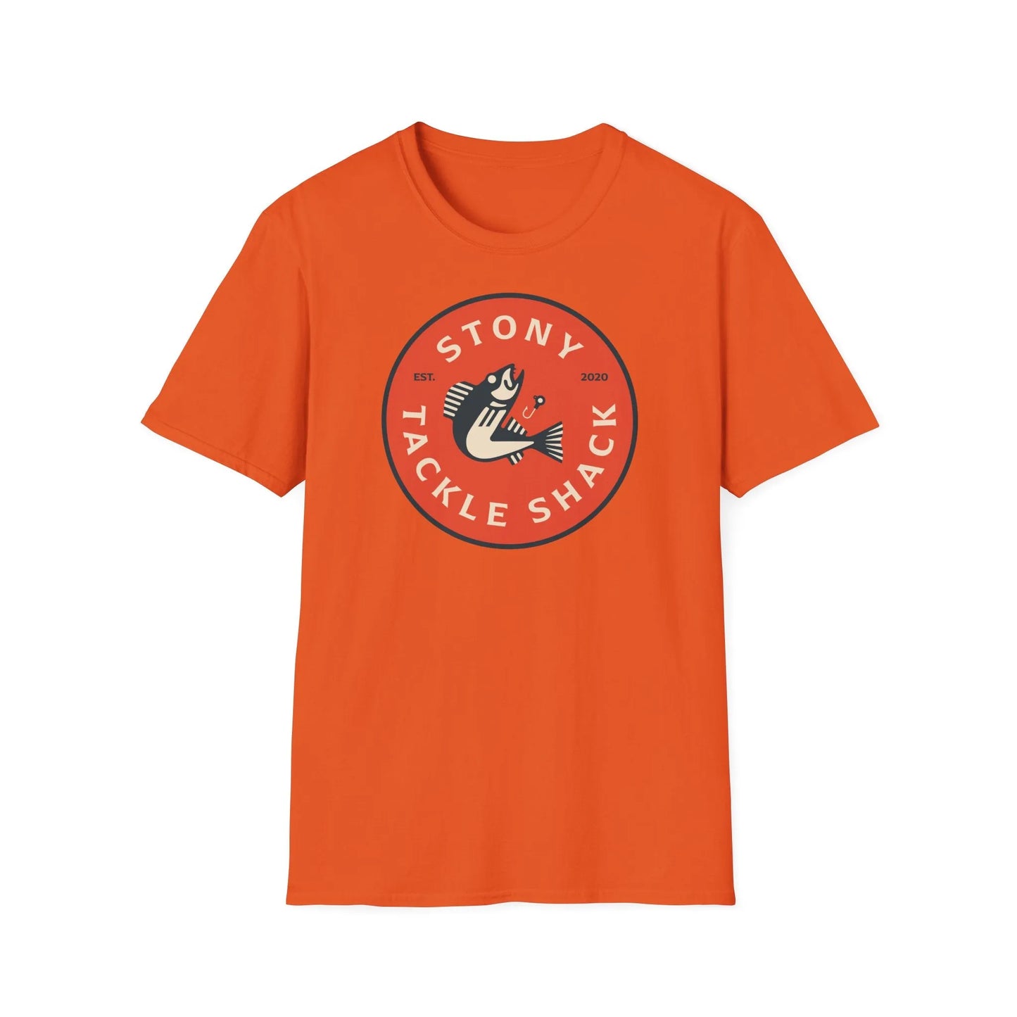 Orange t-shirt with red 'Stony Tackle Shack' logo on a white background