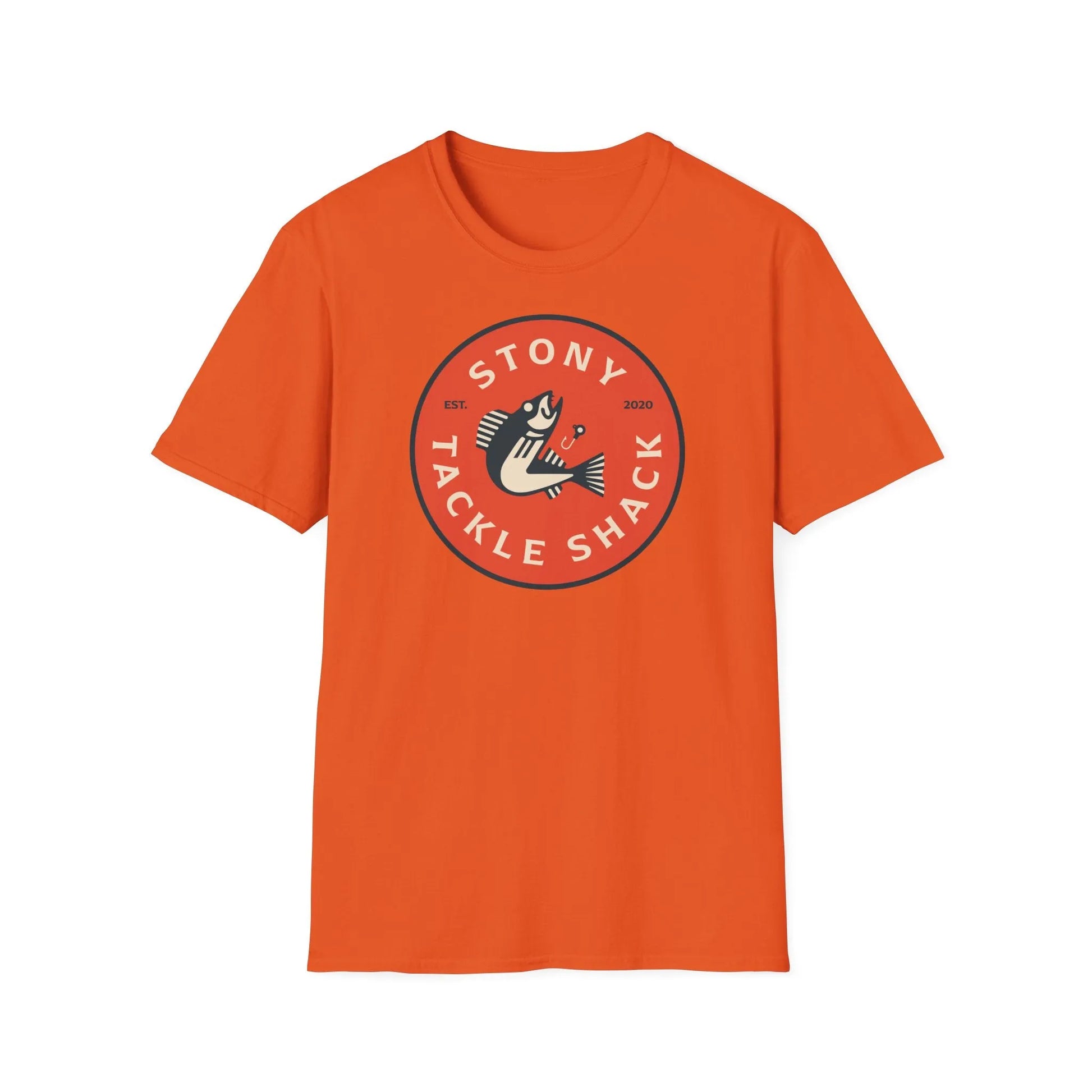 Orange t-shirt with red 'Stony Tackle Shack' logo on a white background