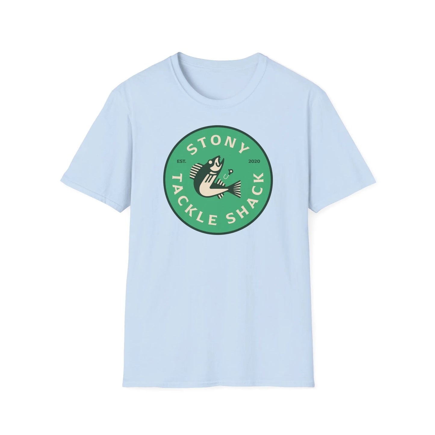 Light blue t-shirt with a green logo on a white background