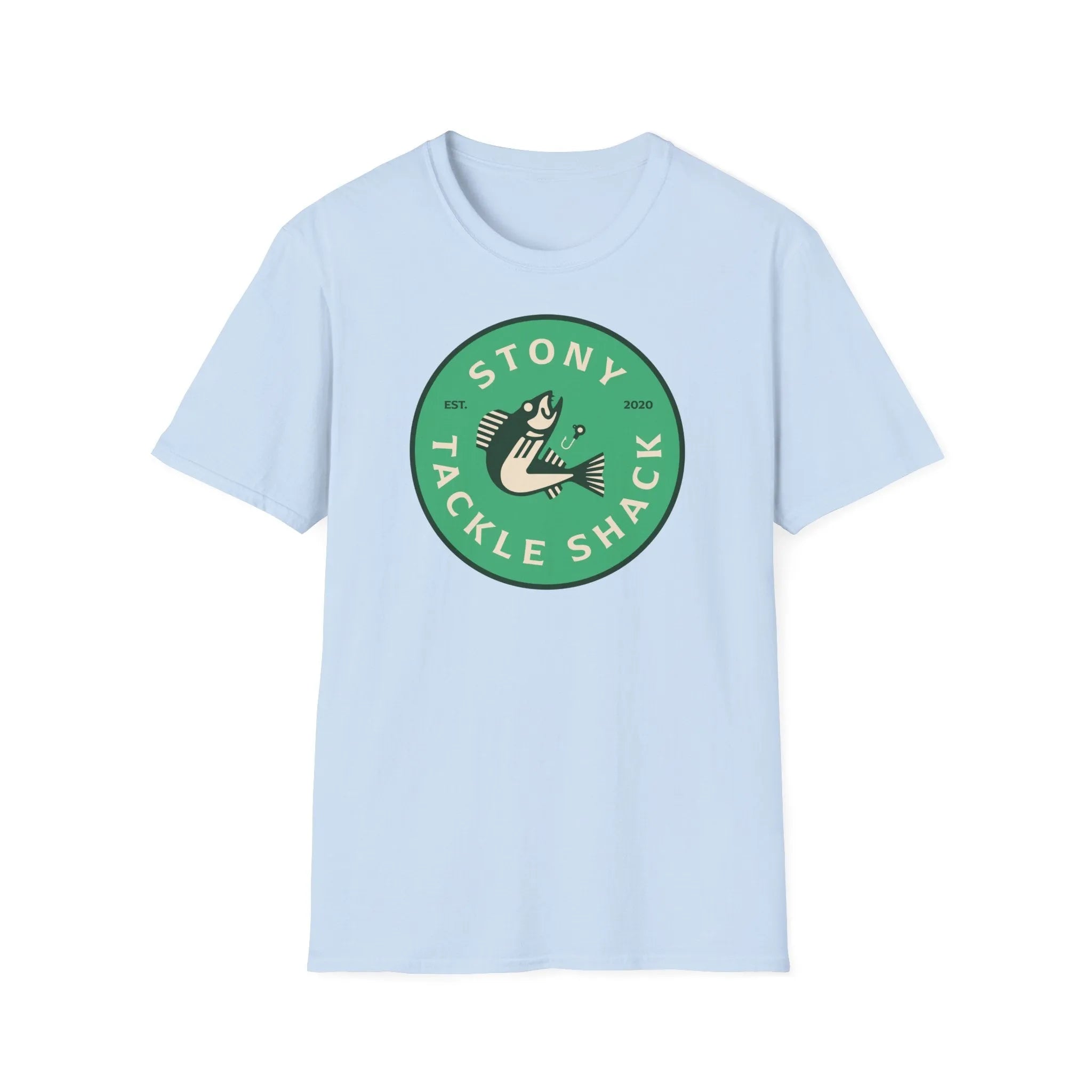 Light blue t-shirt with a green logo on a white background