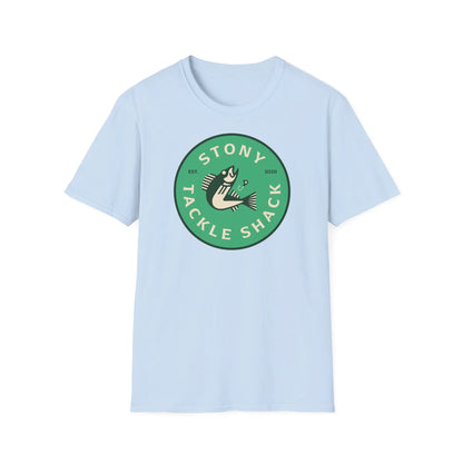 Light blue t-shirt with a green logo on a white background