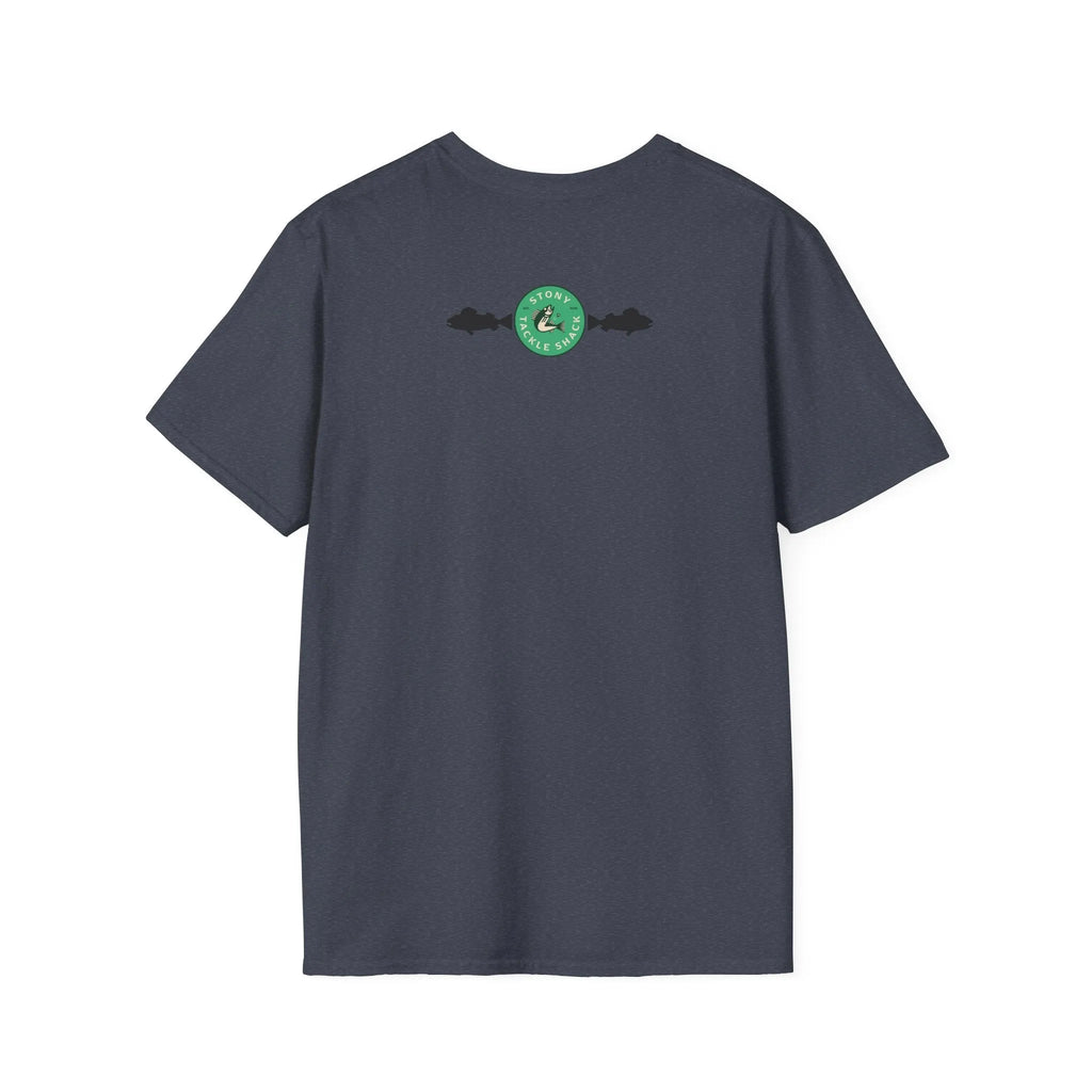 Gray t-shirt with a green logo on the back against a white background