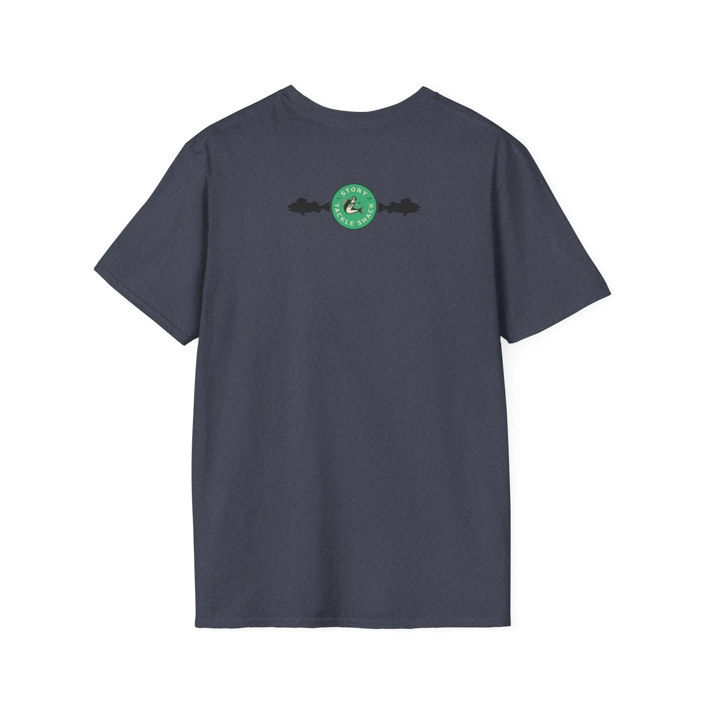 Gray t-shirt with a green logo on the back against a white background