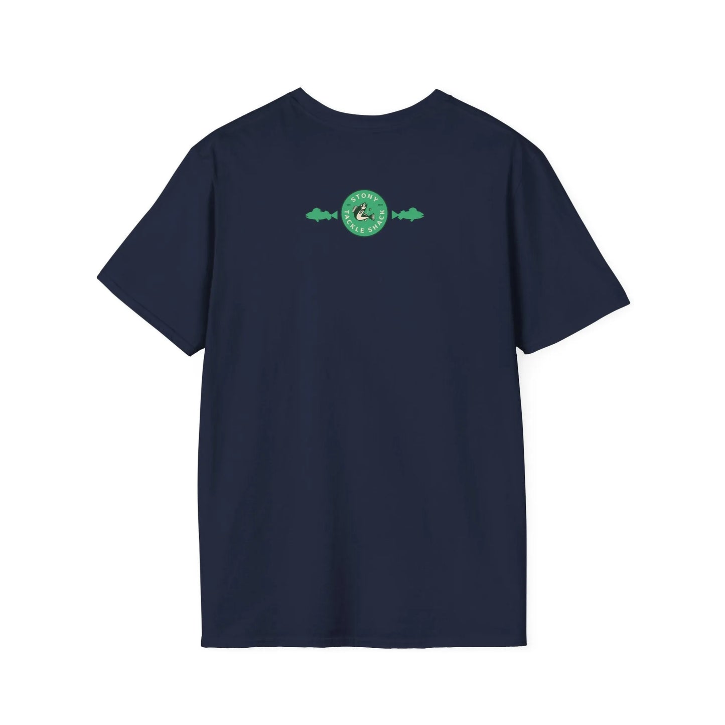 Navy blue t-shirt with a green logo on the back against a white background