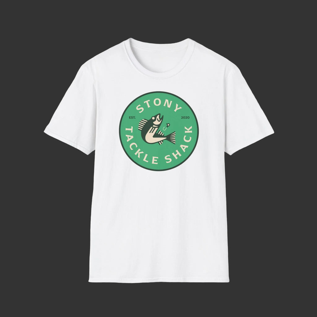 White t-shirt with a green logo on a grey background