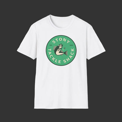White t-shirt with a green logo on a grey background