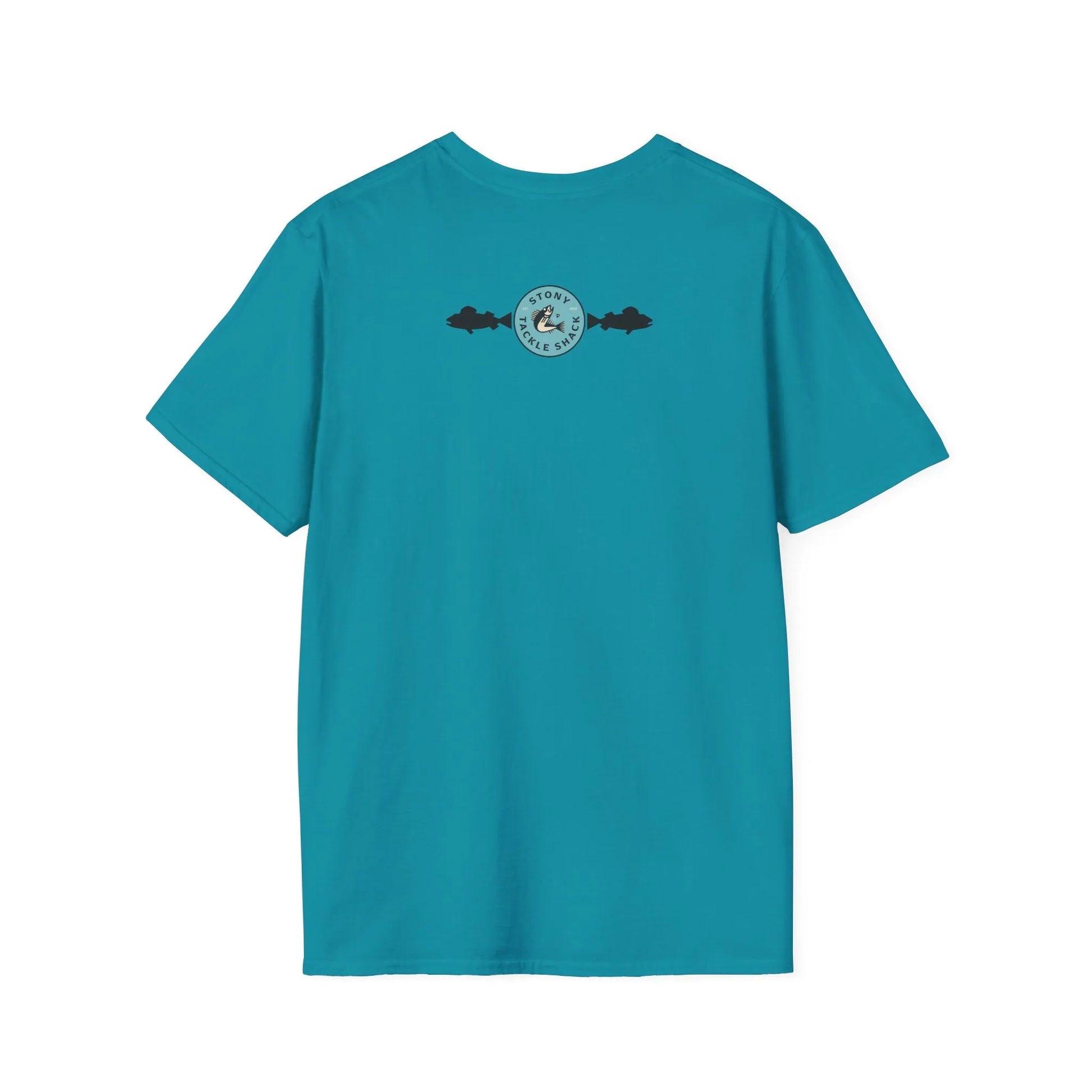 Teal t-shirt with a logo on the back against a white background