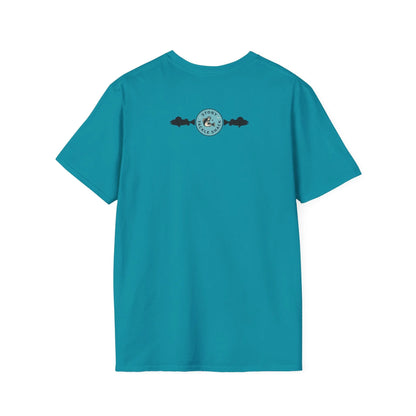 Teal t-shirt with a logo on the back against a white background