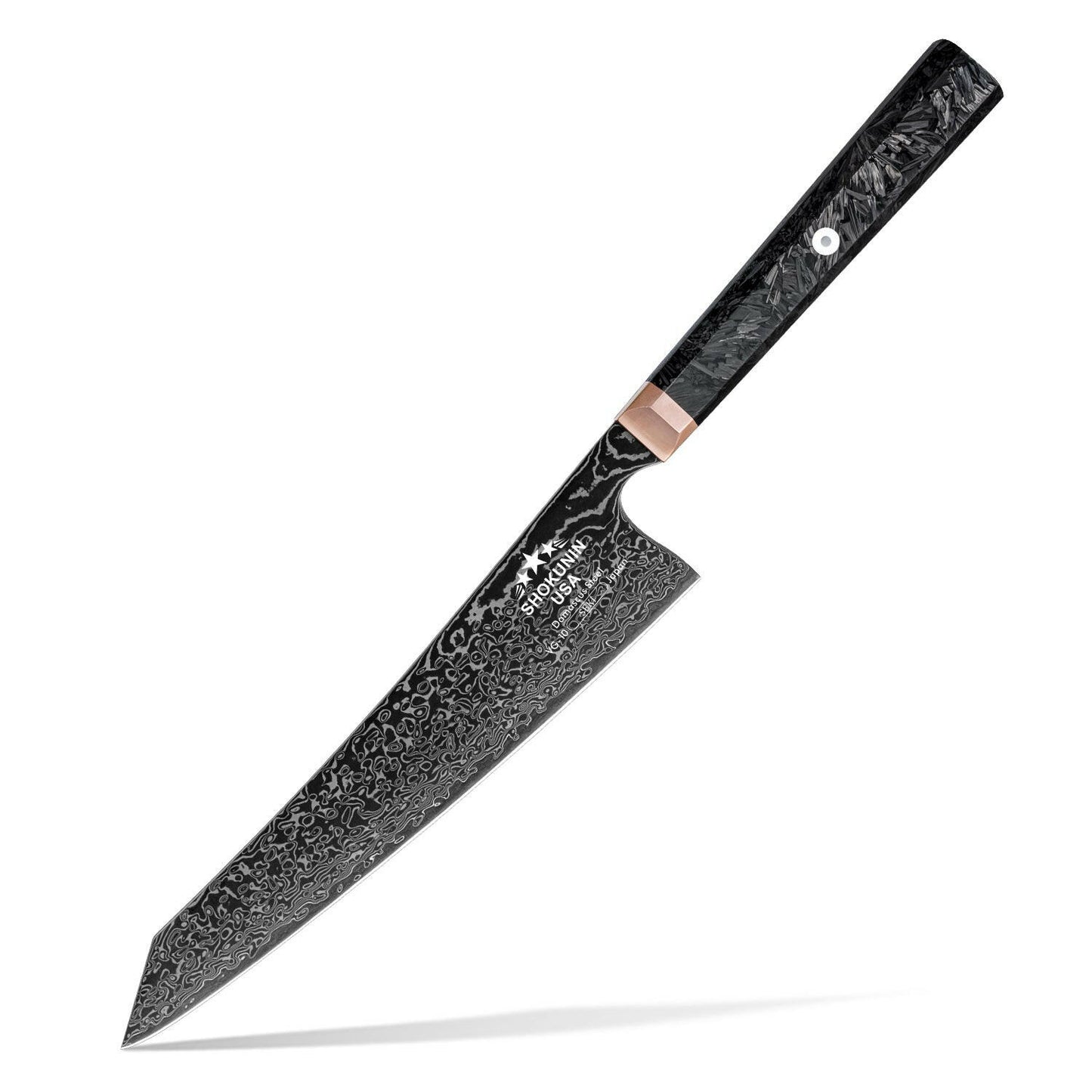 Black kitchen knife with a decorative handle on a white background