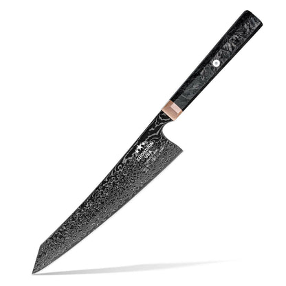 Black kitchen knife with a decorative handle on a white background