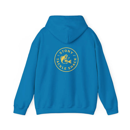 Blue hoodie with yellow logo on the back on a white background