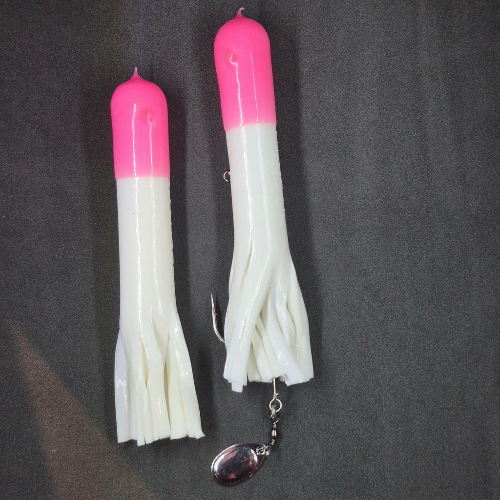 Hitch & Fish 5" &  6" Glow Laker Tube Jigs White/Pink Tip
