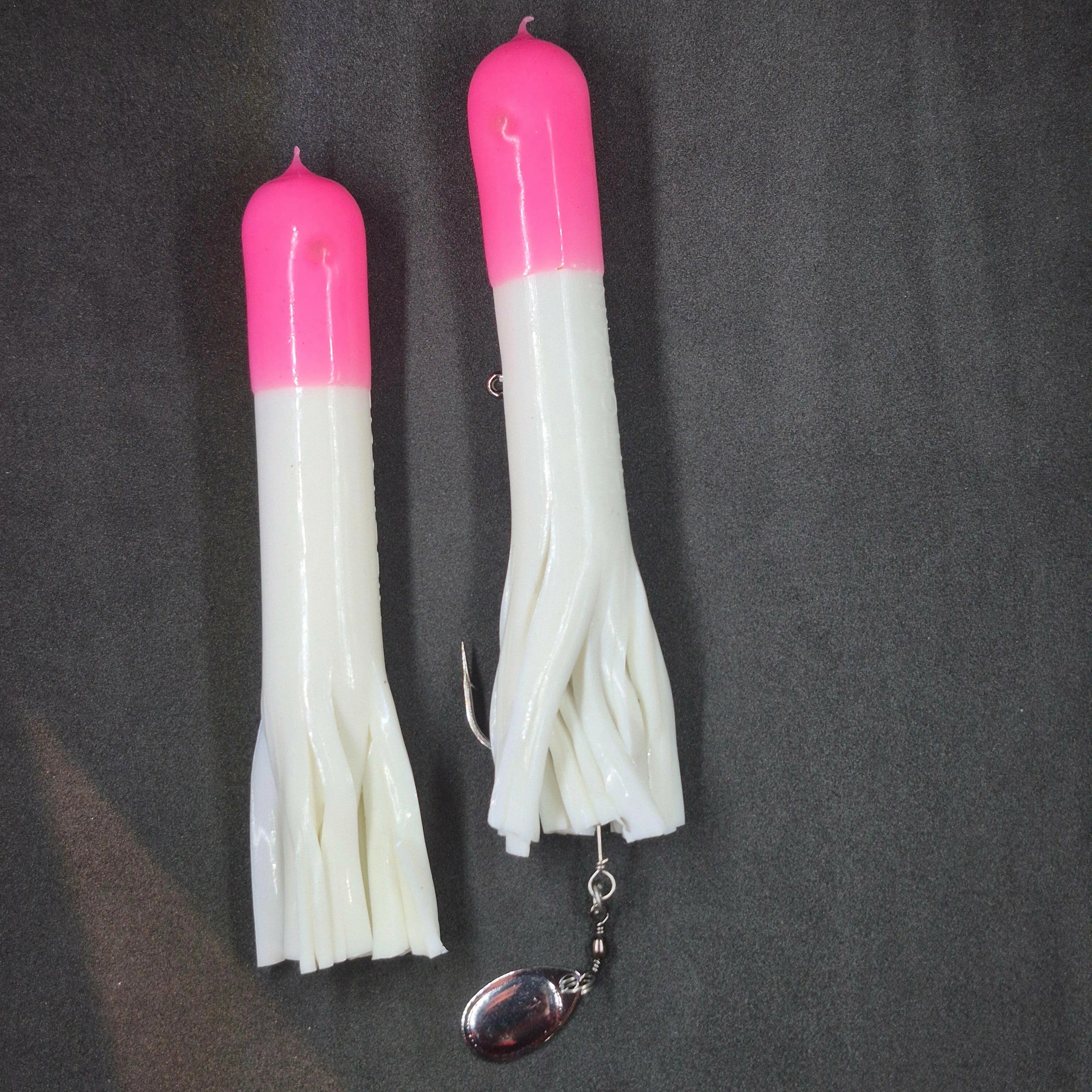 Hitch & Fish 5" &  6" Glow Laker Tube Jigs White/Pink Tip