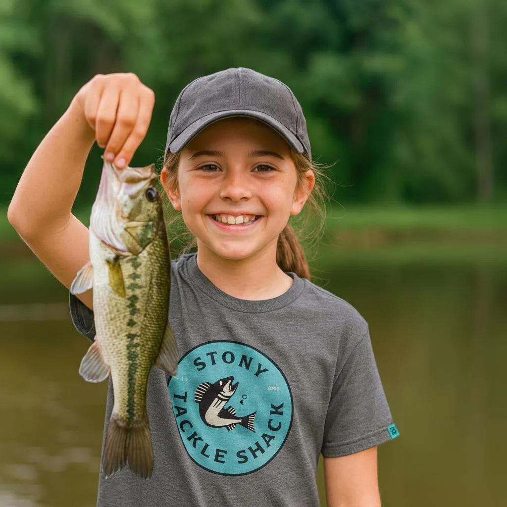 Child holding a fish by a body of water, wearing a gray cap and heather gray  'Stony Tackle Shack' t-shirt.