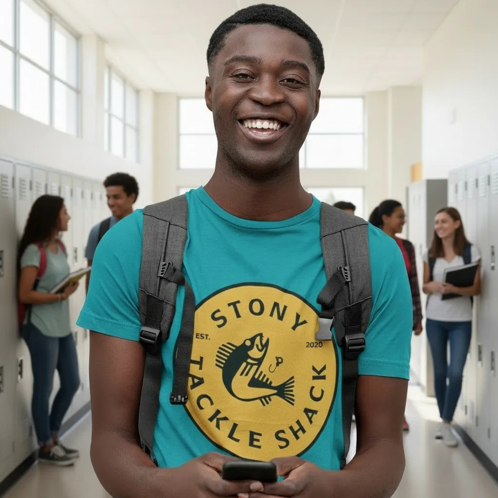 Man wearing a blue t-shirt with a yellow and black logo, holding a phone in a school hallway