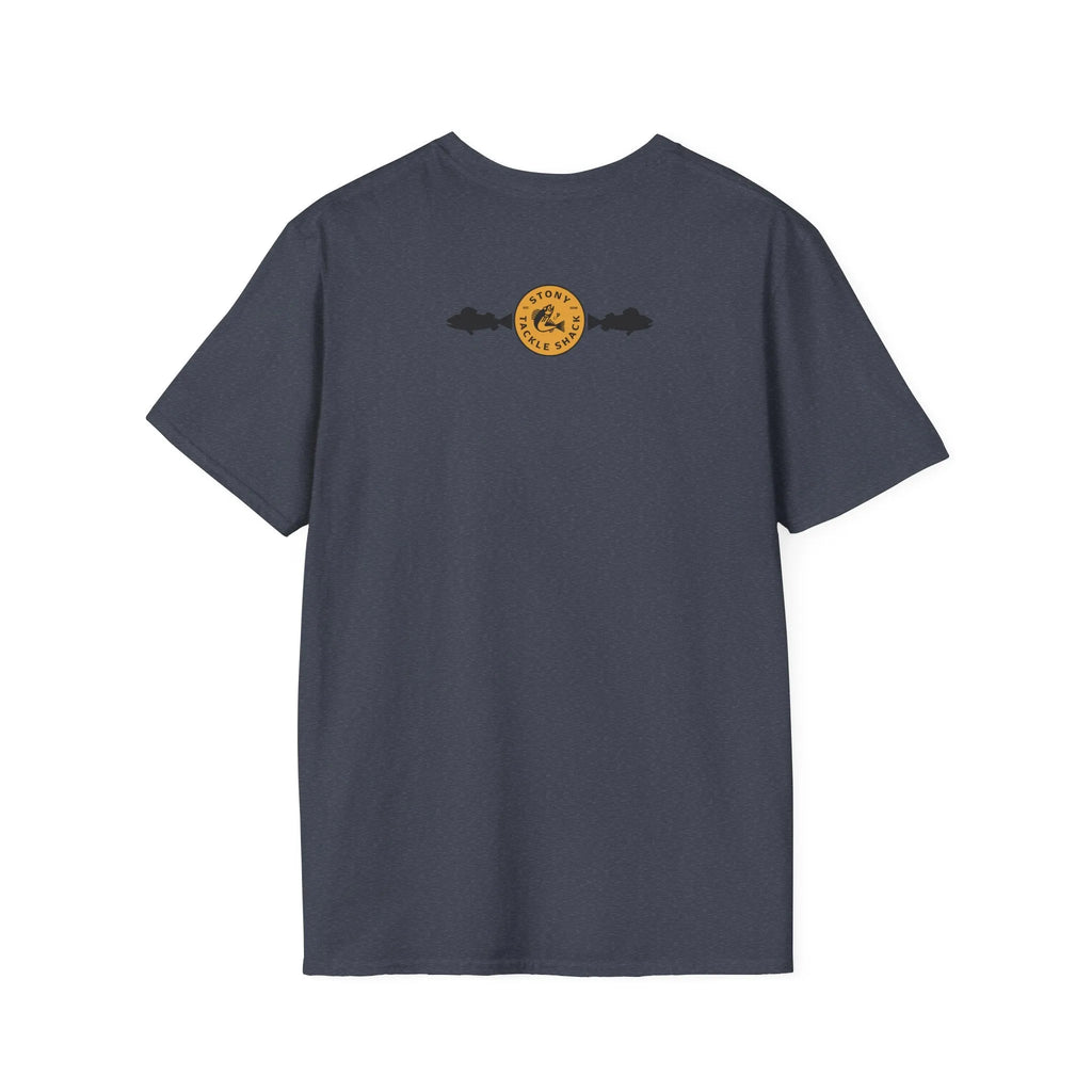 Gray t-shirt with a yellow logo on the back against a white background