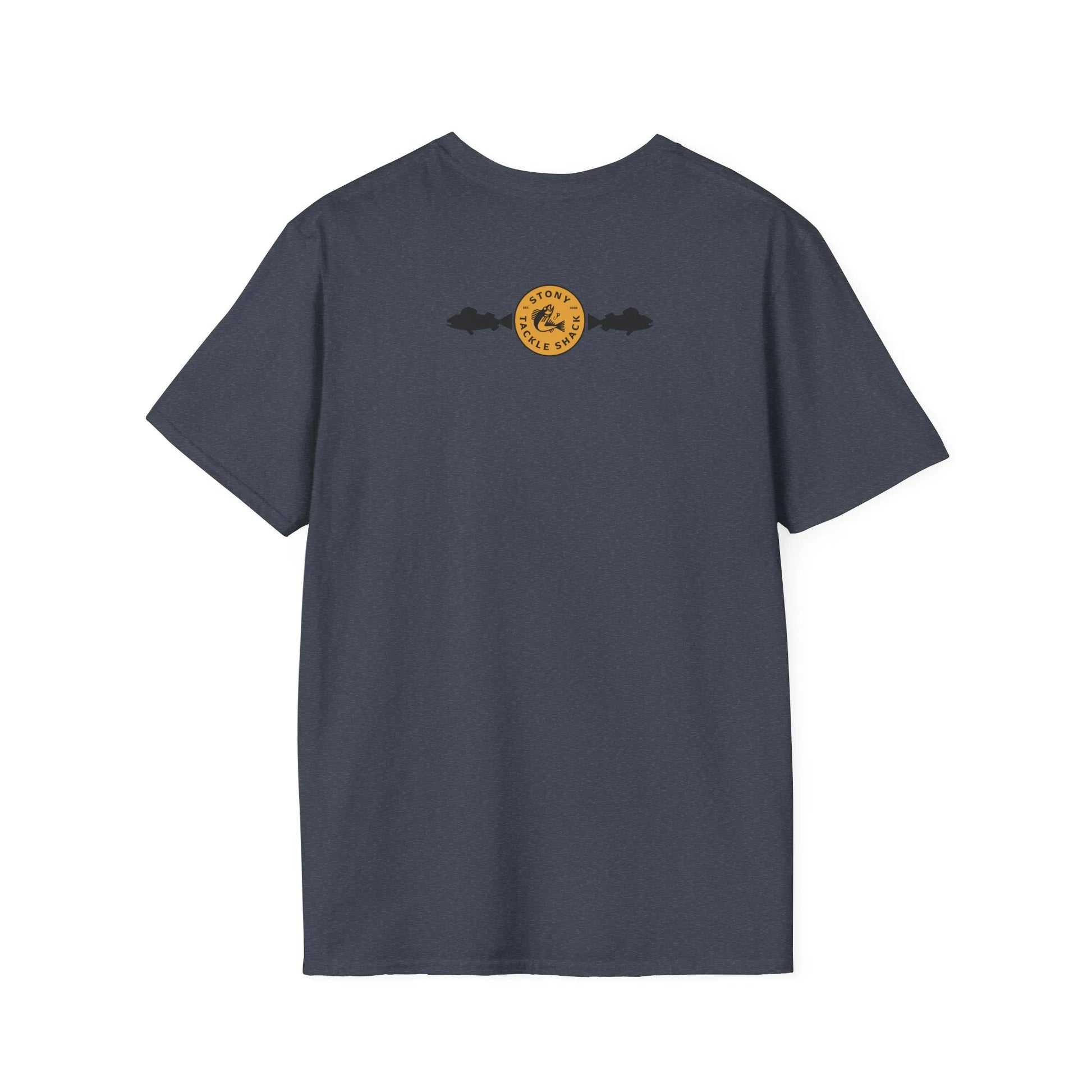 Gray t-shirt with a yellow logo on the back against a white background