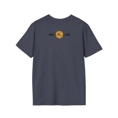 Gray t-shirt with a yellow logo on the back against a white background