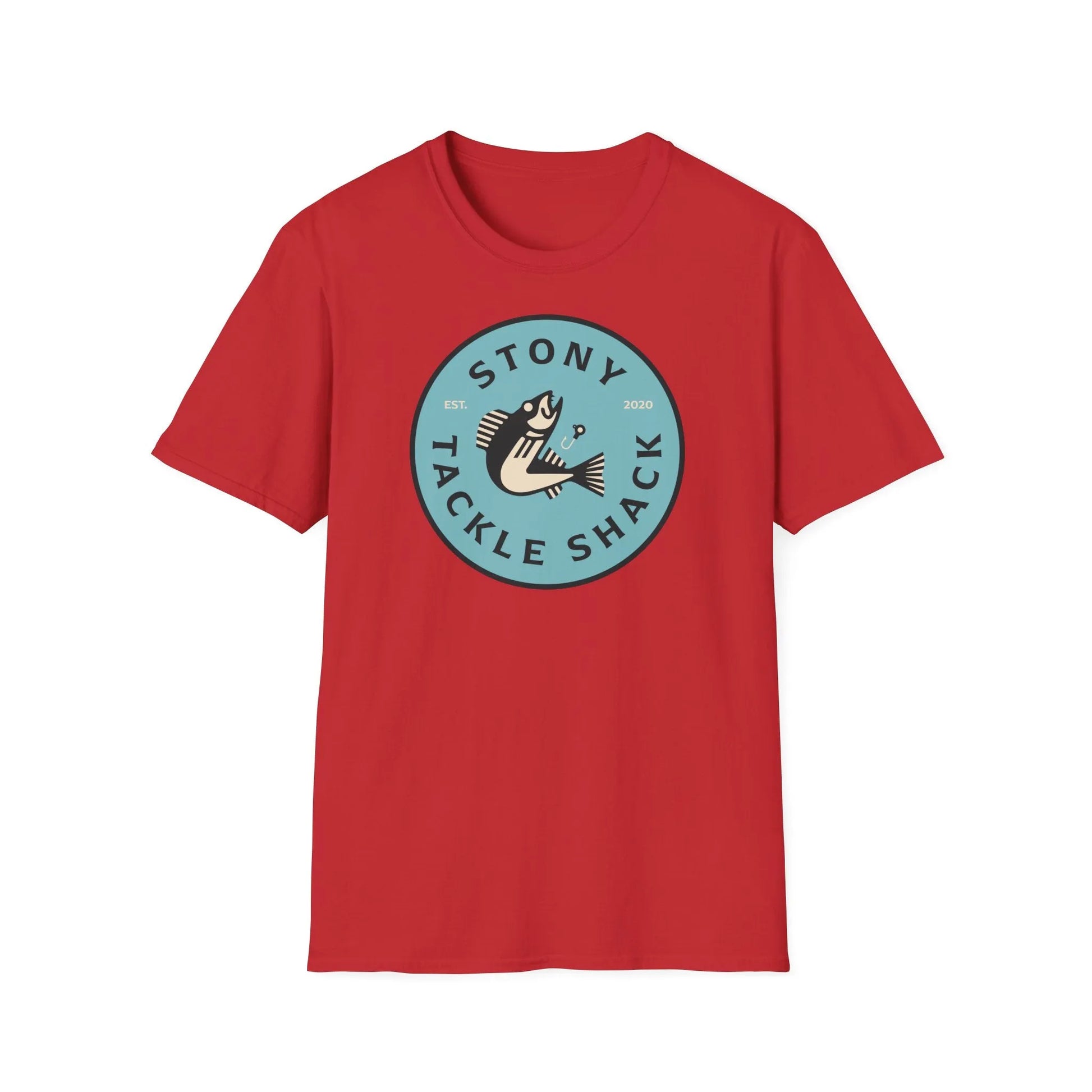 Red t-shirt with 'Stony Tackle Shack' logo on a white background
