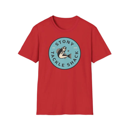 Red t-shirt with 'Stony Tackle Shack' logo on a white background